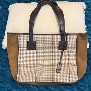 Ralph Lauren Plaid Tote Bag with Suede Sides, Bottom & Leather Handles